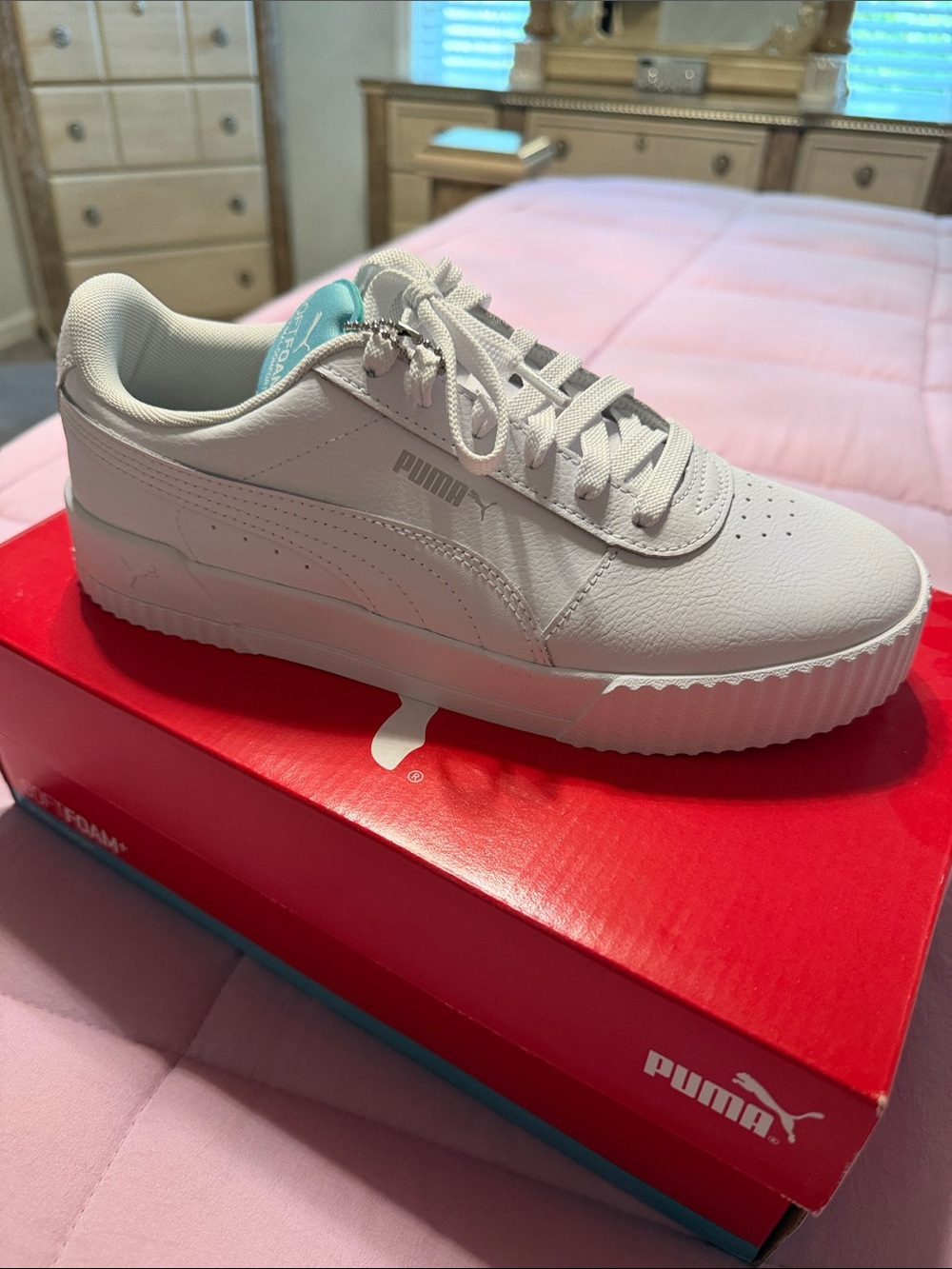 Puma White Sneakers with Aqua Tongue Accent